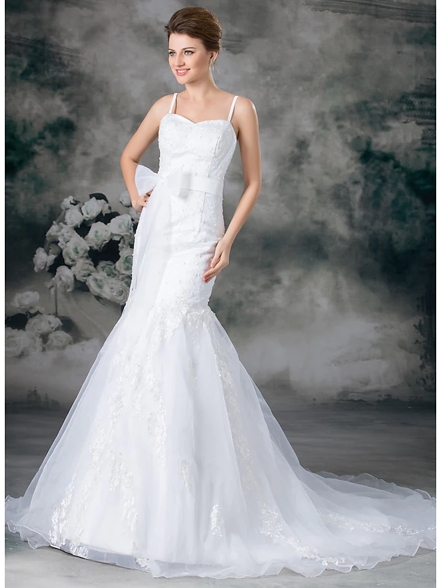 Luolandi Wedding Dresses Sweetheart Neckline Chapel Train Lace Organza Satin Spaghetti Strap with Sashes Ribbons Bow(s)